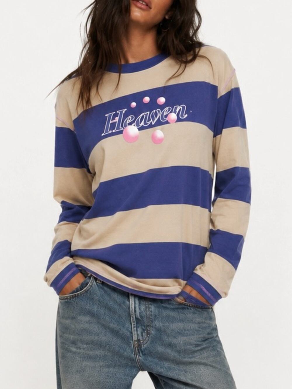 Heaven by Marc Jacobs Striped Long Sleeve Cherry Embroidered Top Blue Tan Small
